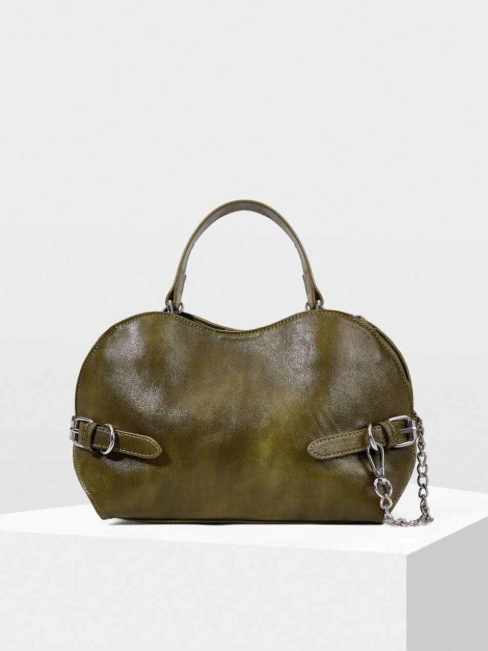 Olive Green Dome Satchel with Chain Strap Detail